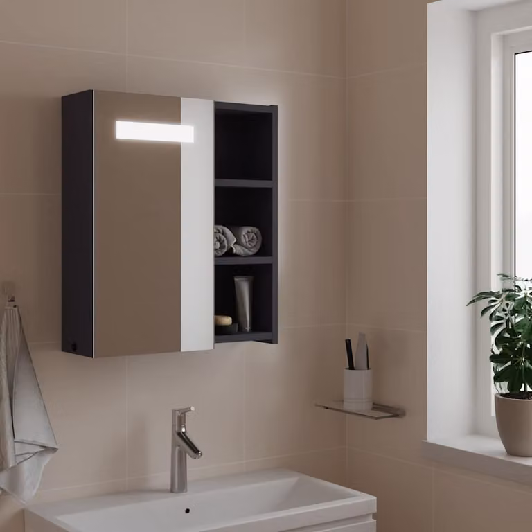 Armadietto da bagno moderno vidaXL con specchio e illuminazione LED, Grigio, L 45 cm x P 13 cm x H 52 cm