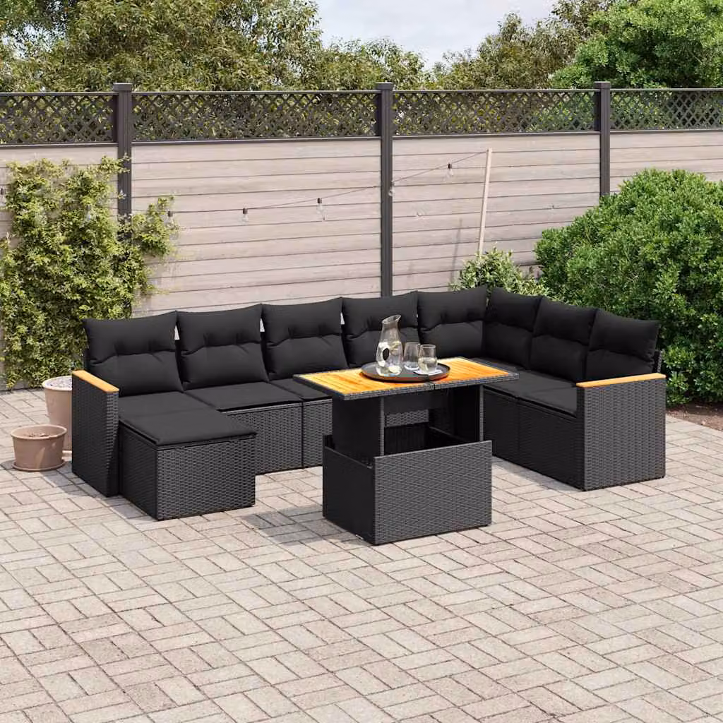 vidaXL Set Divani da Giardino a L in Polyrattan Nero con Cuscini e Tavolino da Esterno – 1