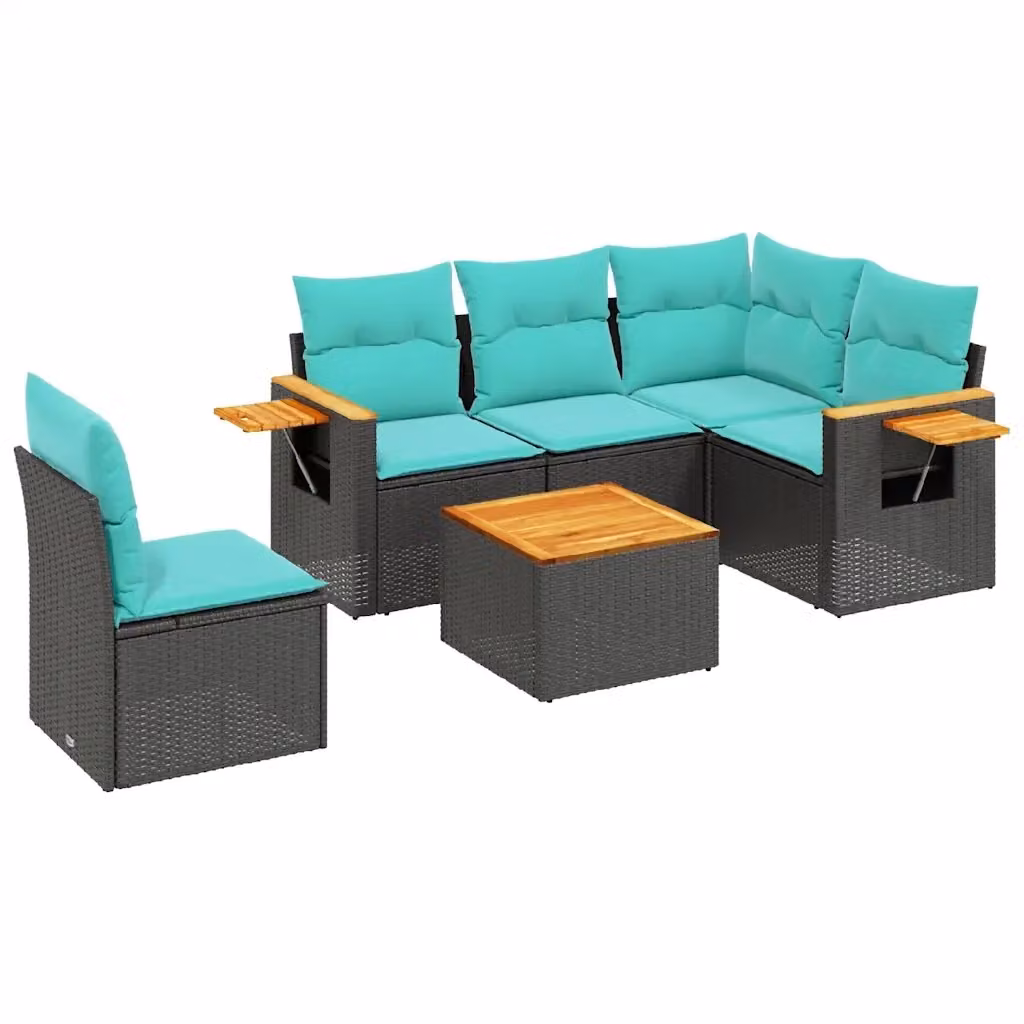 vidaXL Set Divani da Giardino 6 pz a Forma a L in Polyrattan con Cuscini e Tavolino, Nero – 2