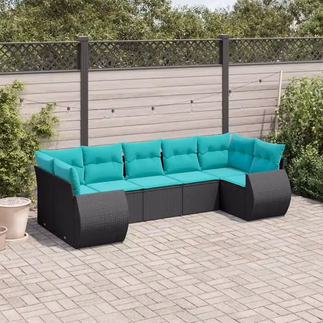 Set di divani da giardino a L vidaXL in rattan con cuscini, colore nero, composto da 7 pezzi con struttura in metallo e coperture rimovibili