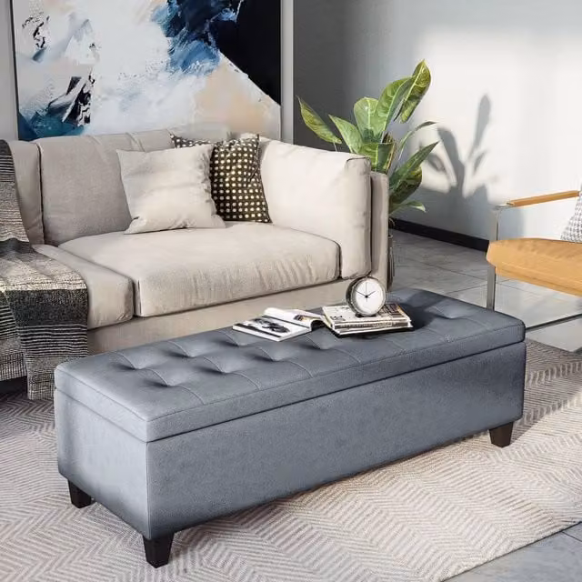 Panca contenitore 125x49x41.5 cm imbottita in poliestere grigio