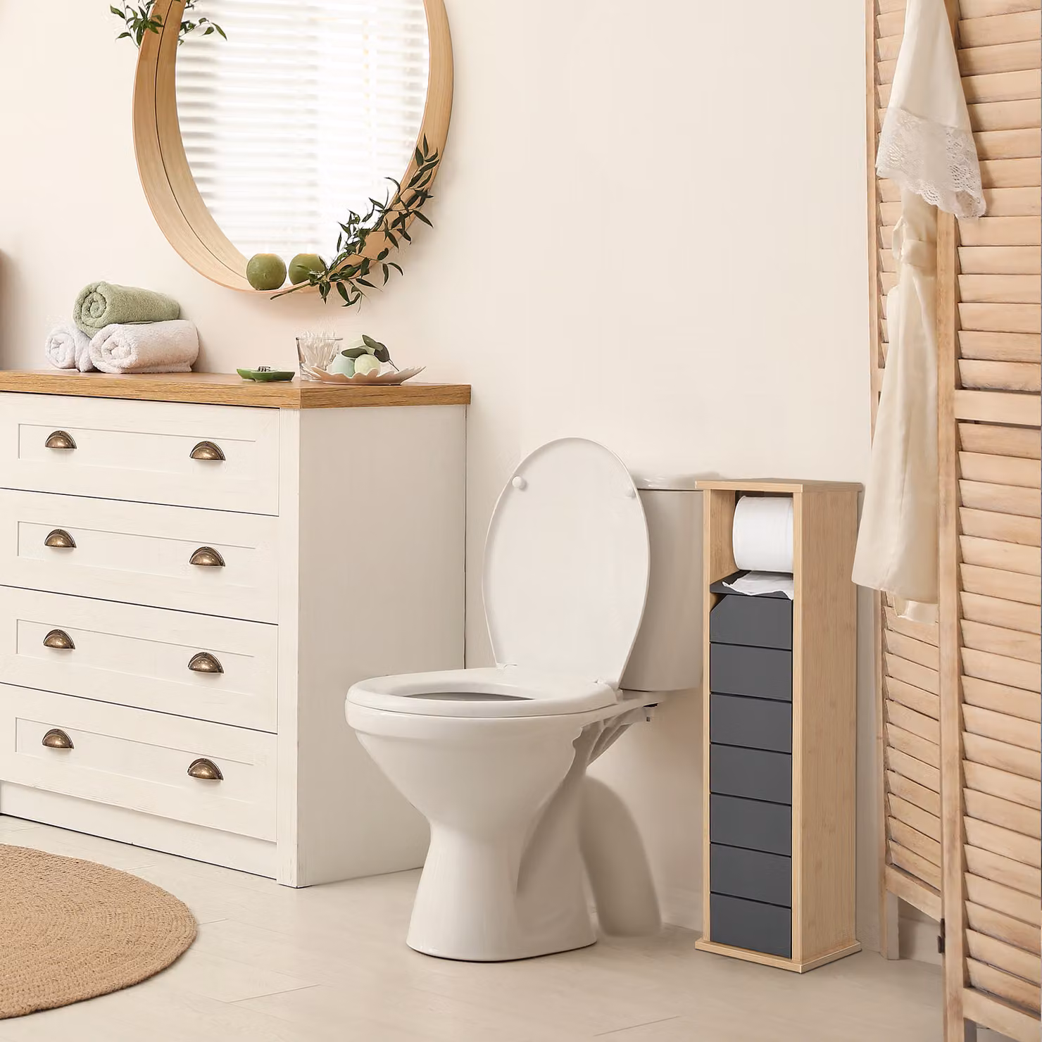 Armadio da bagno Aosom con ripiani regolabili e ante a battente, design moderno in bambù e legno, colore grigio e marrone, L/P/H: 18 x 18 x 75 cm – 2