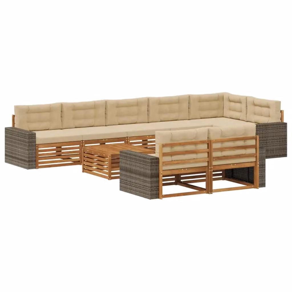Set di divani da esterno a forma di U vidaXL in legno di acacia beige con 9 pezzi e cuscini inclusi – 2