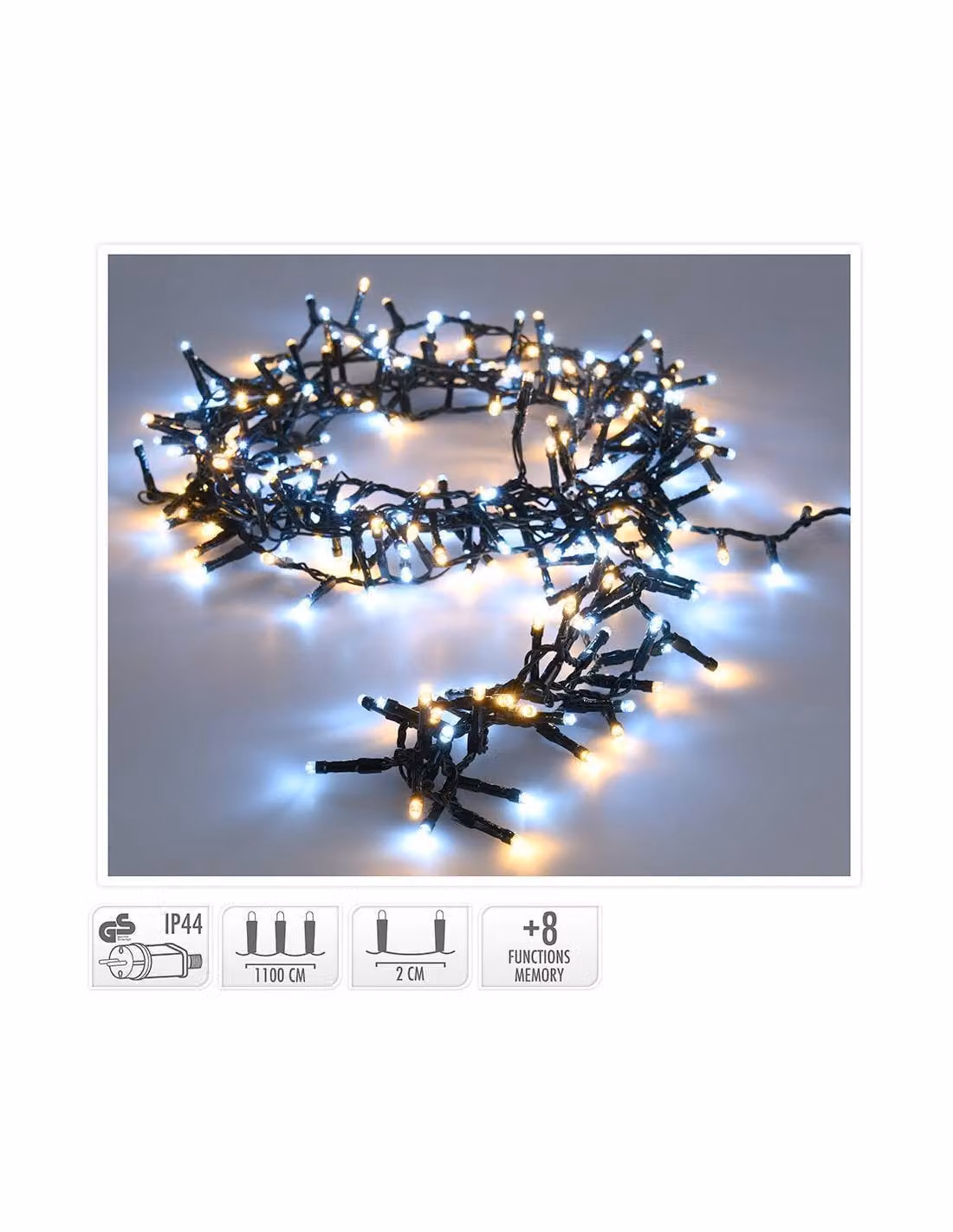 catena luminosa a 560 LED a luce bianca calda e fredda con timer e 8 funzioni per esterni