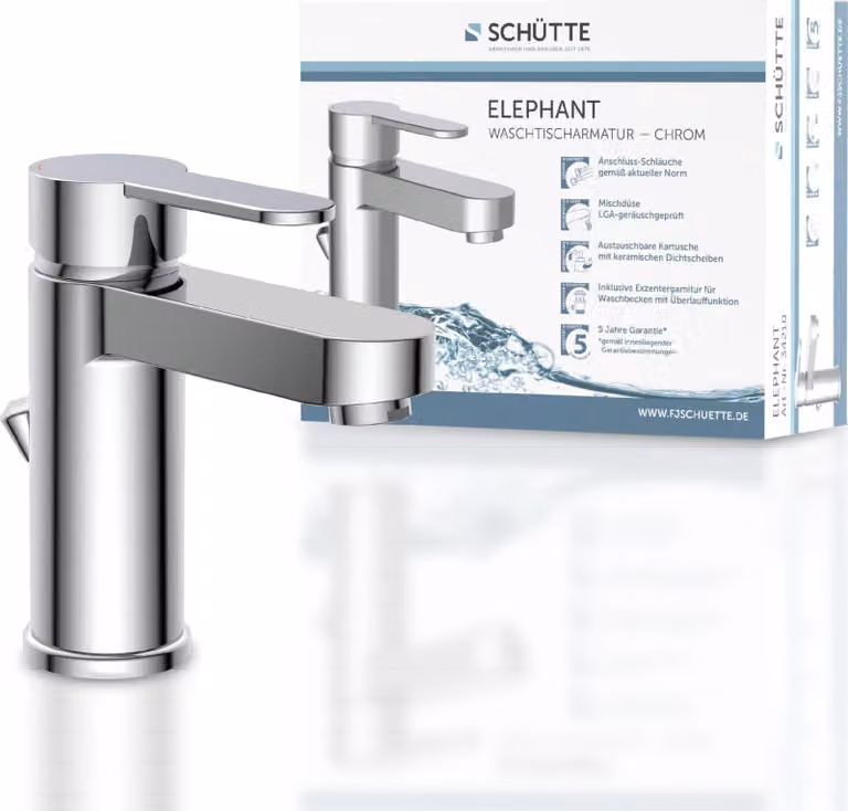 SCHÜTTE ELEPHANT, miscelatore per lavabo con asta di comando, rubinetto da bagno con scarico a scomparsa per lavabo in cromo