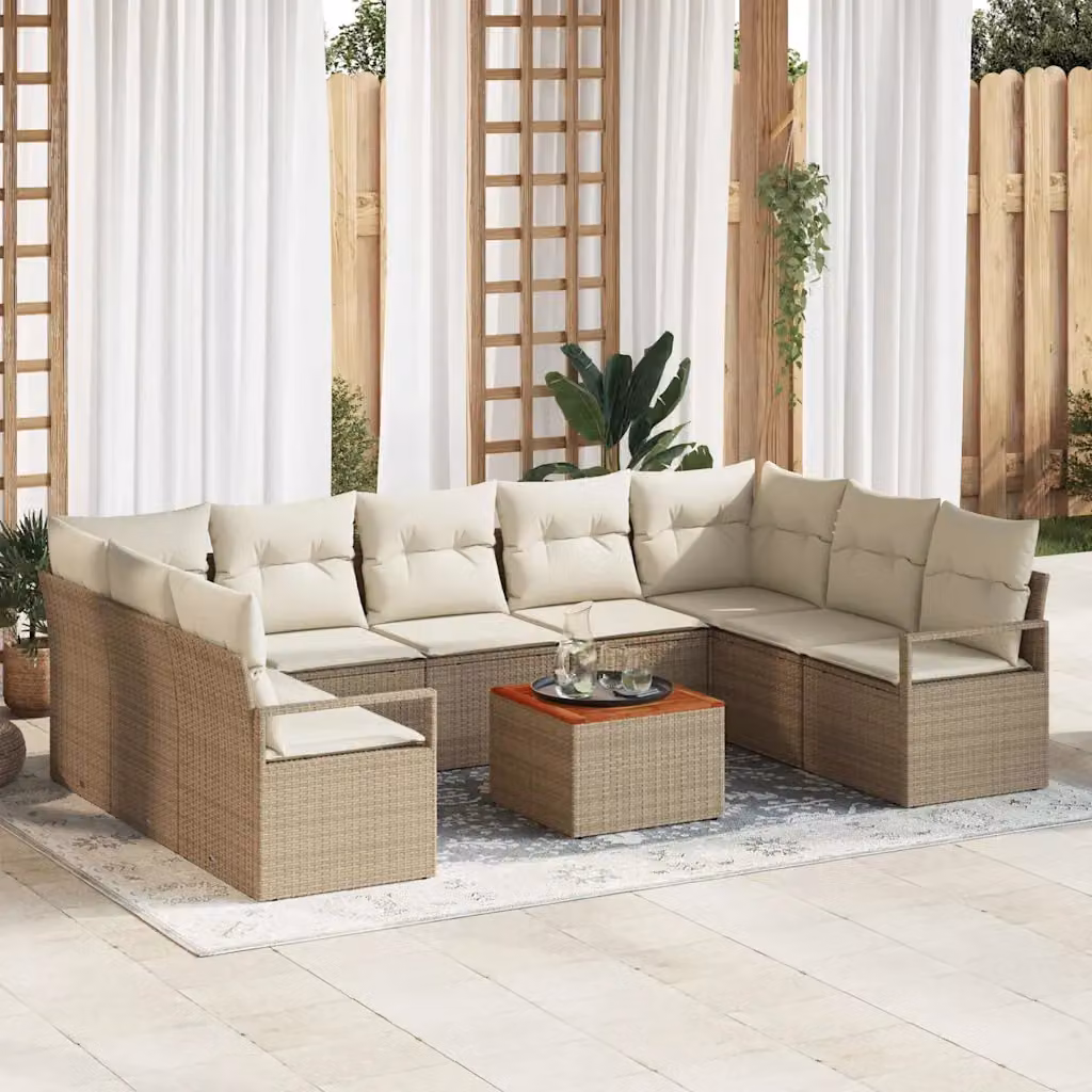 Set Divano da Giardino vidaXL 10 Pezzi a Forma di L Beige con Cuscini e Tavolino da Esterno in Polyrattan e Acciaio – 1