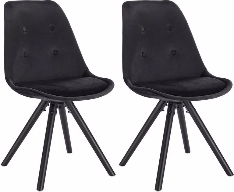 Sedie per sala da pranzo e sala ospiti – Set da 2 – Velluto nero – Gambe in legno – Altezza seduta 46 cm