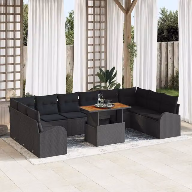Set da giardino moderno vidaXL composto da 11 pezzi con divano a forma di U, elementi angolari, tavolino da caffè e cuscini in colore nero – 1