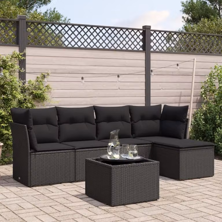 Set Divano da Giardino vidaXL 6 pz in Polyrattan Nero con Cuscini e Tavolino da Esterno a Forma di L