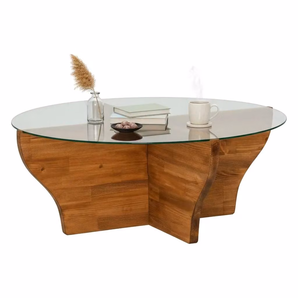 Tavolino da salotto Califfi DMORA con piano in vetro trasparente e struttura in legno rovere marrone, L/P/H: 92 x 92 x 36 cm – 2