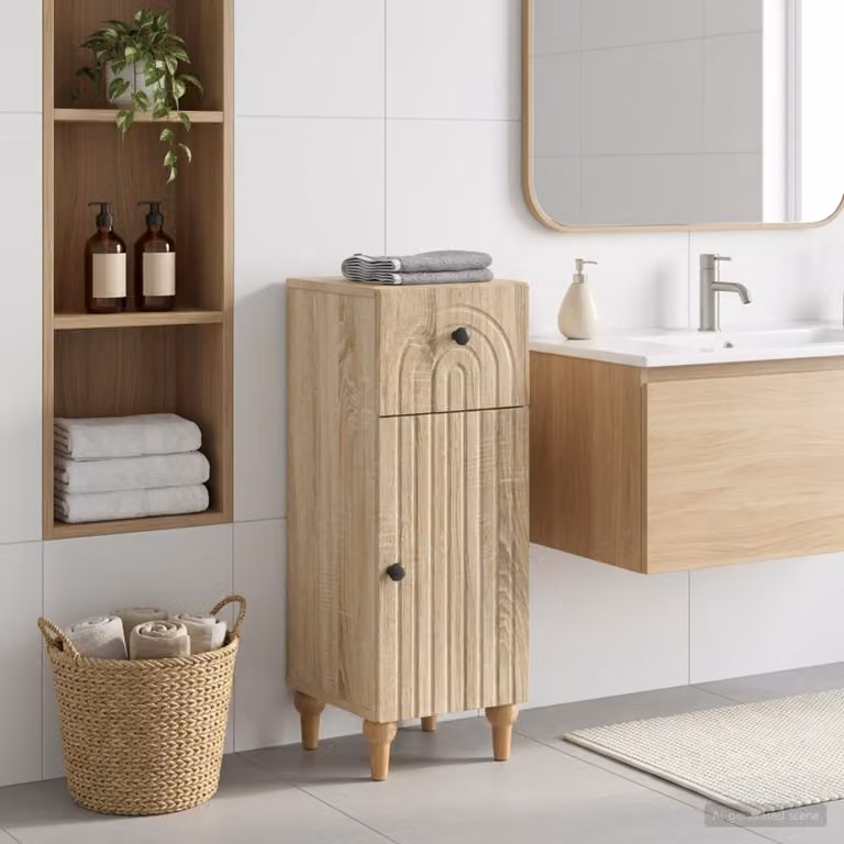 Mobiletto da bagno moderno vidaXL ALKMAAR in legno e metallo, colore marrone e nero, L/P/H: 30 x 31 x 80 cm