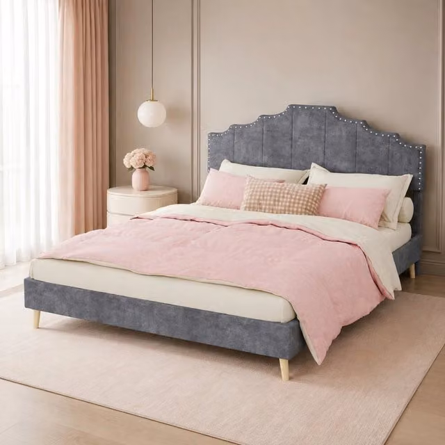 Letto matrimoniale 160x200 cm con testiera geometrica e rivestimento in tessuto grigio
