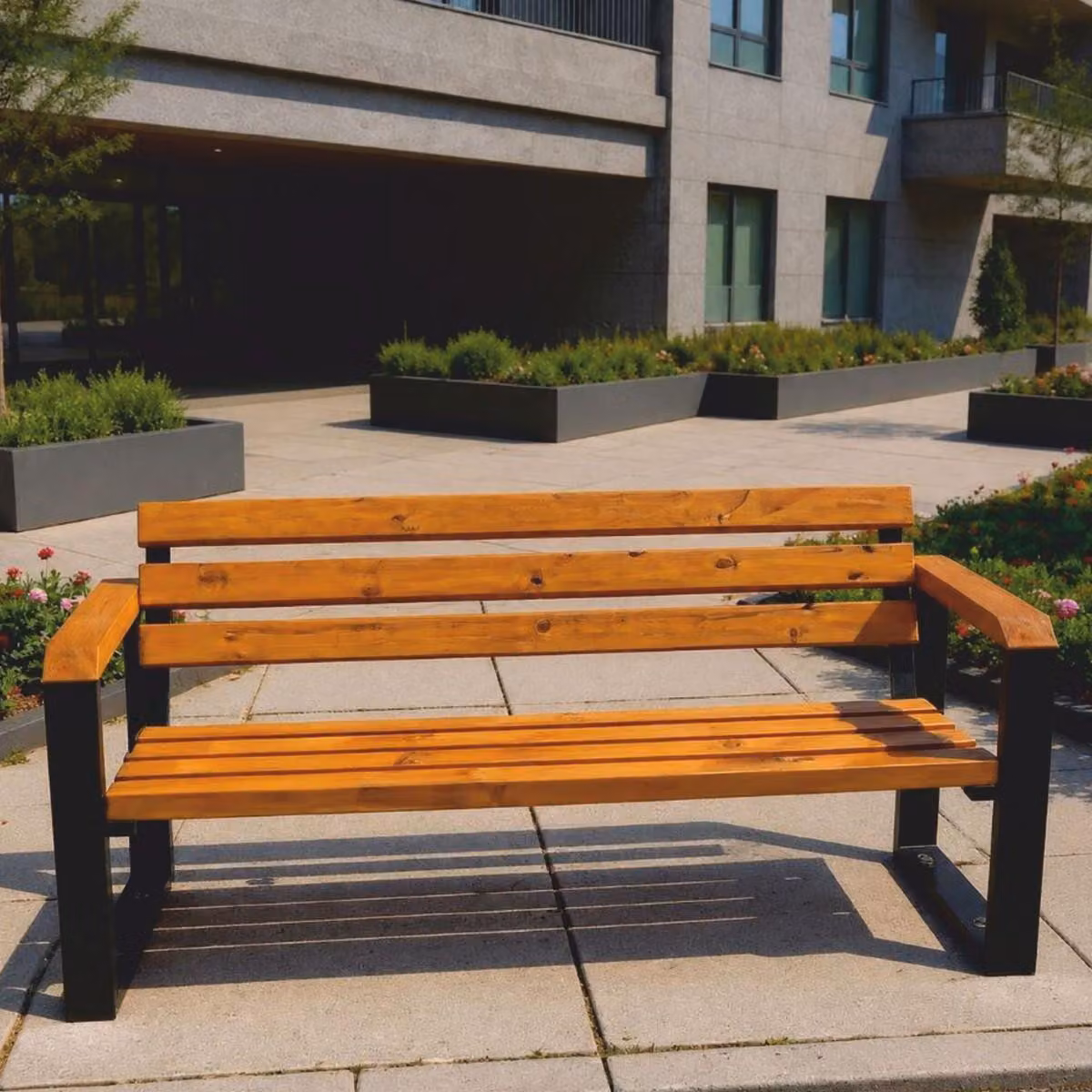 Panca da esterno "Casa Padrino Parkbank" con schienale e braccioli, marrone/nero, 200 cm - Panca da città - Panca da giardino - Panca da esterno