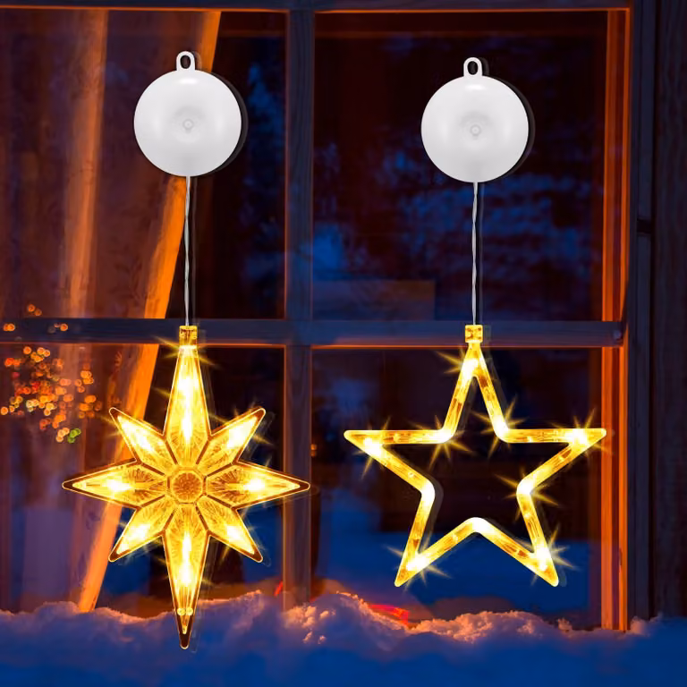 Catena luminosa a LED, set da 2, forma a stella, luce bianco caldo, alimentazione a batteria