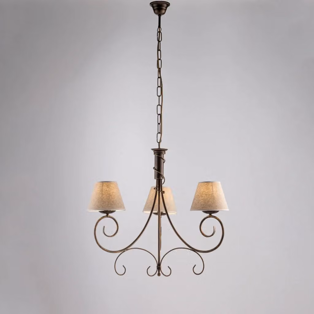 Lampadario a sospensione Vienna BELIGHT con 3 luci in metallo marrone e oro e paralumi in PVC beige con altezza regolabile – 2