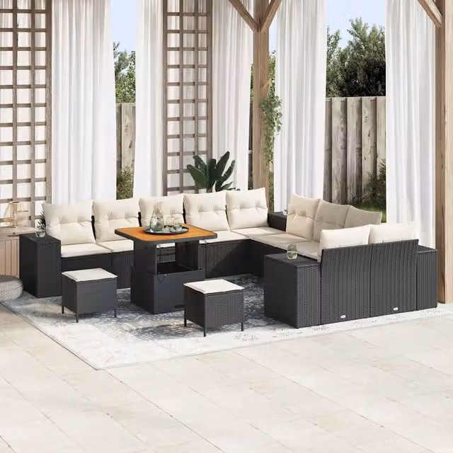 Set Divano da Giardino a L vidaXL 13 pz Nero e Beige con Cuscini e Tavolino in Polyrattan e Metallo