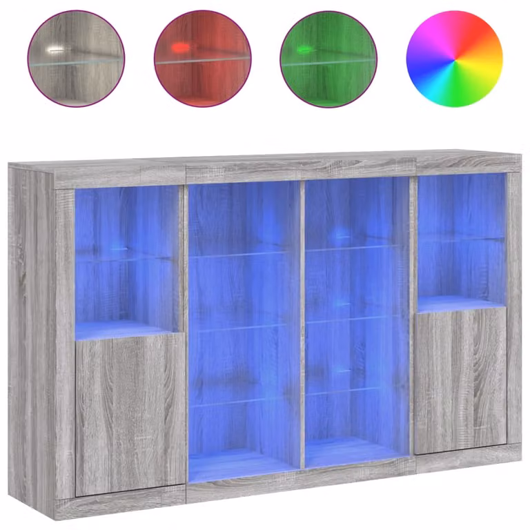Credenze con Luci LED 3 pz Grigio Sonoma in Legno Multistrato