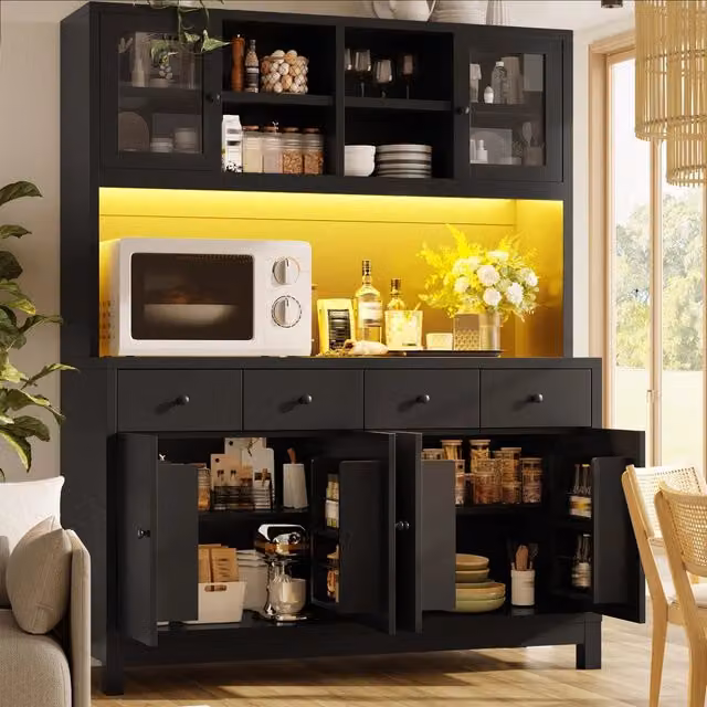 Credenza alta cucina LED con 4 cassetti e ripiani regolabili, vetrine, MDF nero, per sala da pranzo, 140 × 38.5 × 180 cm