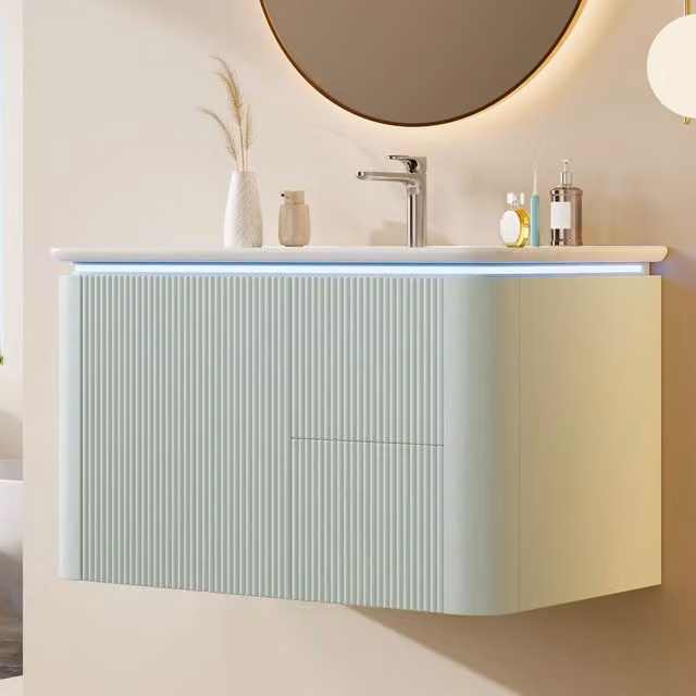 Mobile lavabo sospeso 80,5x47,5x51 cm con lavandino integrato, verde. Struttura verticale laccata, LED sensore radar, cassetti silenziosi antiurto