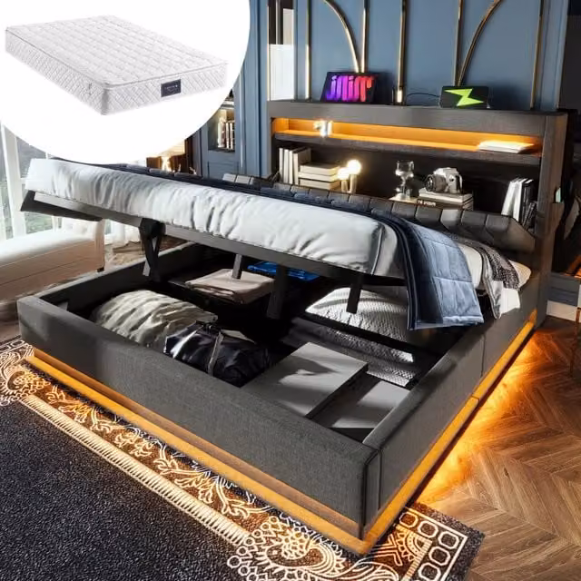 Letto matrimoniale 160x200 cm in lino grigio con LED; USB; vano idraulico e materasso