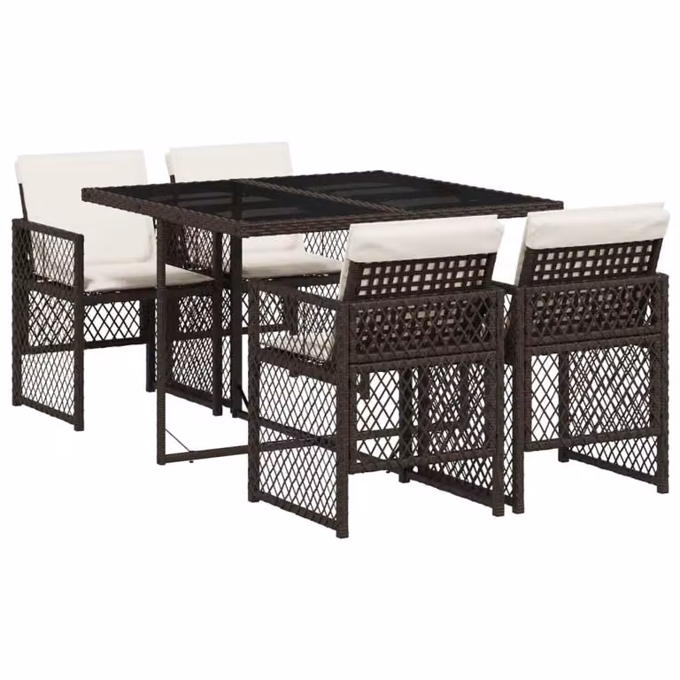 Set da Pranzo da Giardino 5pz con Cuscini in Polyrattan Marrone