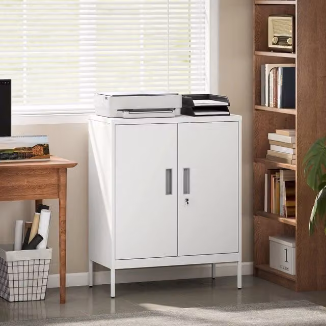 Mobile contenitore OKWISH in metallo bianco con 2 ante e ripiani regolabili, dotato di serratura, ideale per ufficio e casa, L: 100 cm, H: 80 cm, P: 40 cm – 1