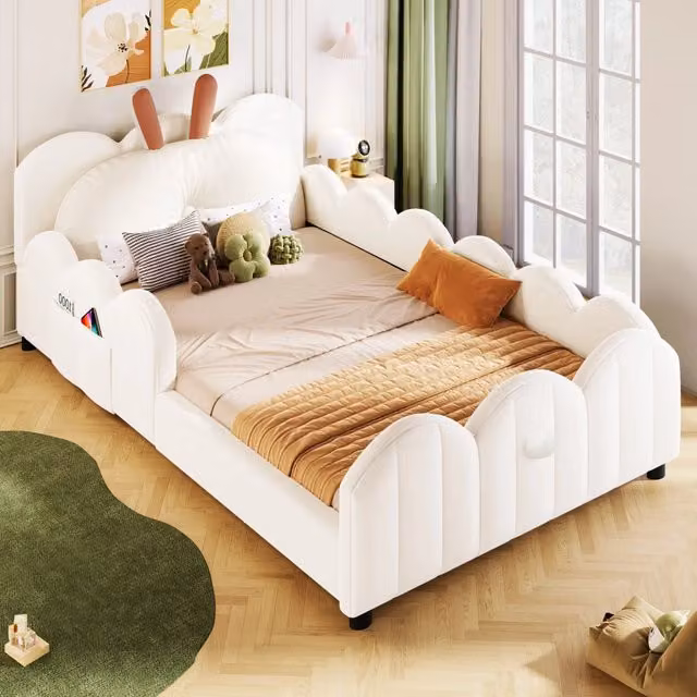 Letto imbottito per bambini Mivray in tessuto beige e bianco con sponde di protezione e cuscino a forma di coniglio L/P: 90 x 200 cm