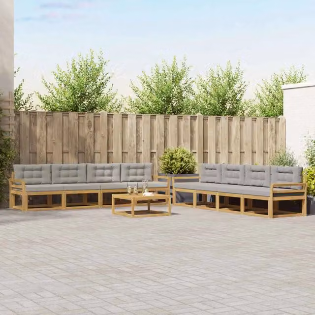 Set di mobili da giardino vidaXL composto da 9 pezzi con divani, tavolino da caffè e cuscini in tessuto resistente ai raggi UV, colore bianco e grigio, struttura in legno di acacia trattato – 1