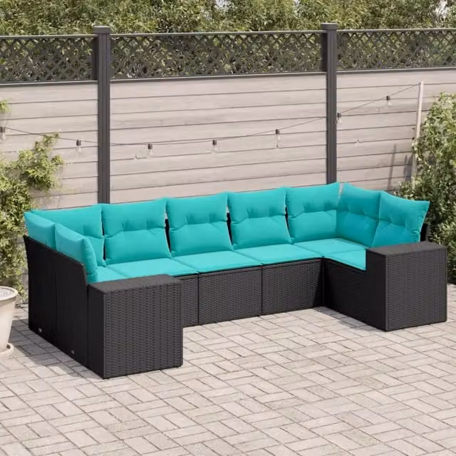 Set di divani da giardino a L vidaXL con 7 pezzi e cuscini, design moderno in rattan e metallo, nero, blu o turchese