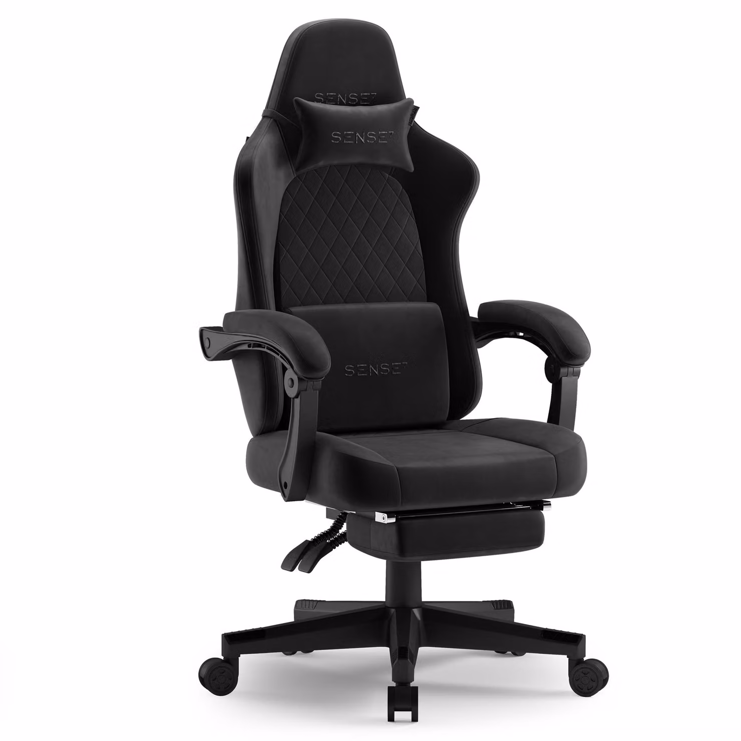 SENSE7 Devon Sedia da gioco in tessuto nero - Sedia da ufficio ergonomica con poggiapiedi Sedia da scrivania per PC Sedia da gaming Alcantara 120 kg