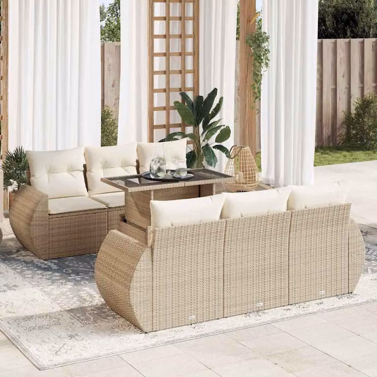 Set Divani da Giardino vidaXL 7 Pezzi in Polyrattan con Cuscini Beige e Tavolino, Design Moderno a L per Terrazza e Giardino
