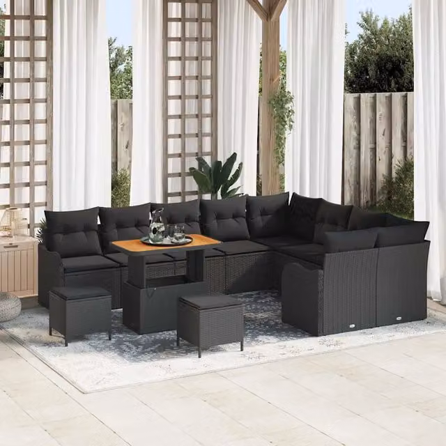 Set Divano da Giardino a Forma di U vidaXL in Polyrattan Nero con Cuscini e Tavolino da Esterno