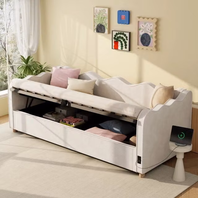 Letto contenitore imbottito Minimal in velluto beige con contenitore a sistema idraulico L/P/H: 90 x 200 x 102,5 cm – 1
