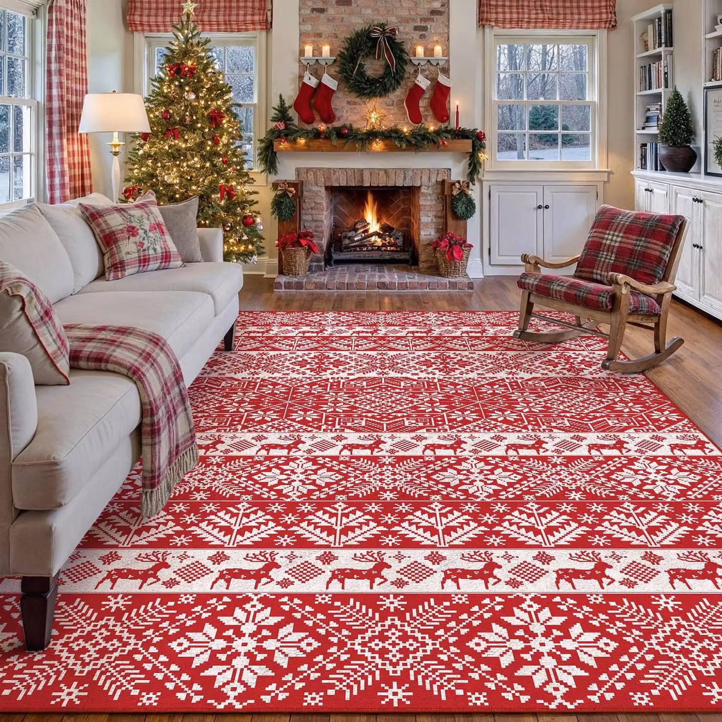 Tappeto natalizio lavabile, dimensioni 200 x 300 cm, con motivo a fiocchi di neve