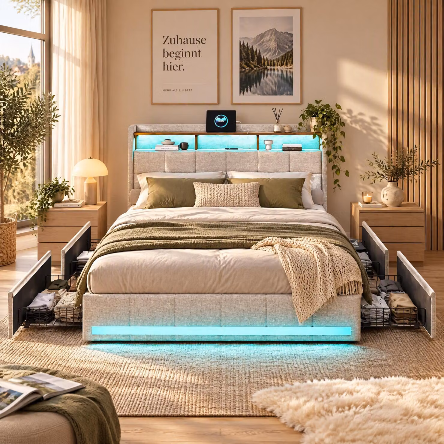 Letto imbottito 180x200 cm con LED nella testiera e porta USB, letto matrimoniale con 4 cassetti, struttura del letto con rete a doghe, colore lino, beige (senza materasso)