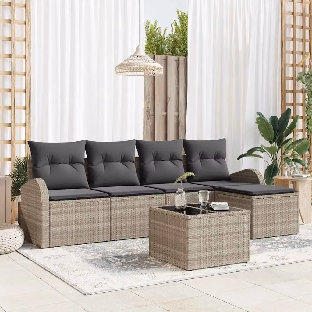 Set Divano da Giardino a L vidaXL in Polyrattan Grigio con Cuscini e Tavolino da 6 Pezzi – 1