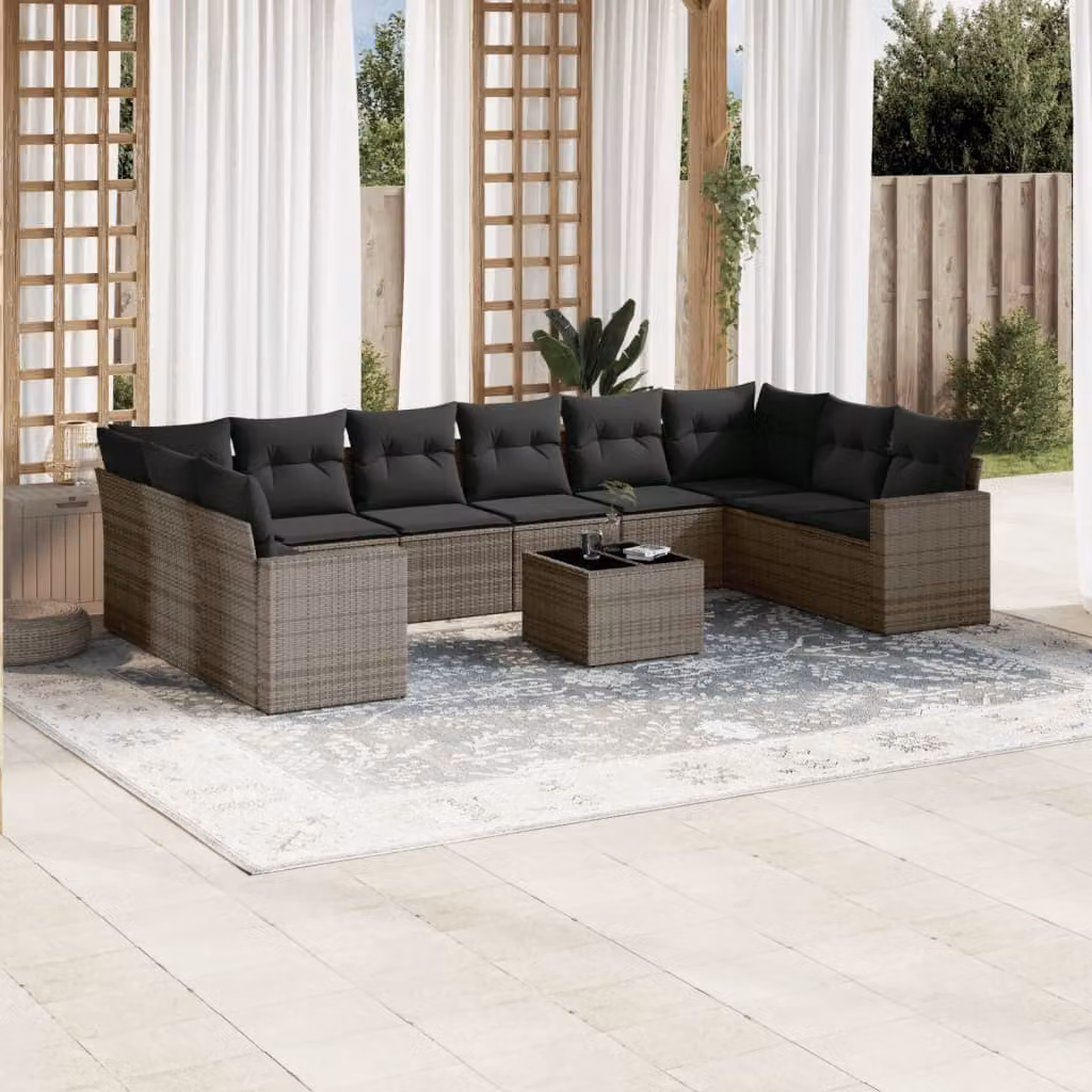 vidaXL Set Divani da Giardino 11 pz in Polyrattan Grigio con Cuscini e Tavolino