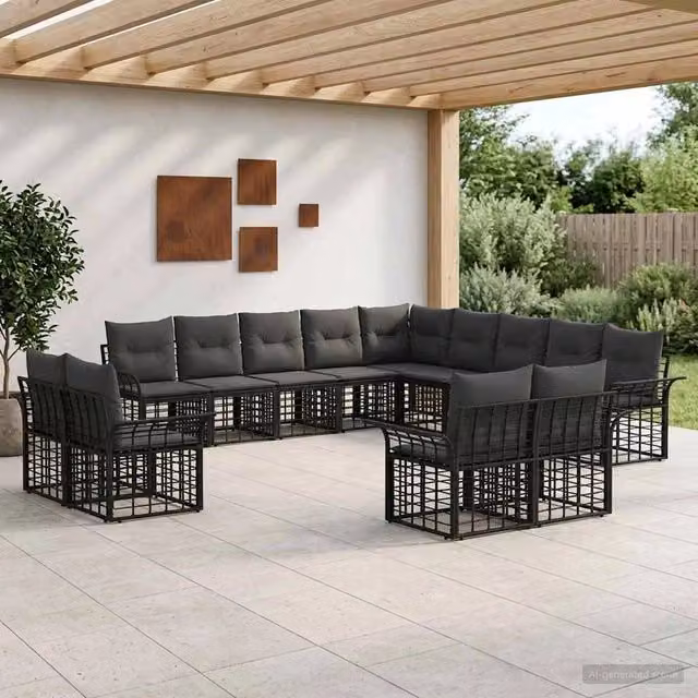 Set di divani da esterno vidaXL a forma di U con 13 pezzi, colore nero e grigio, struttura in metallo e cuscini inclusi per giardino e terrazza