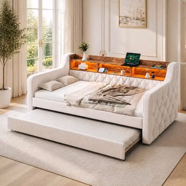 Divano letto estraibile 90x190 cm in velluto beige con LED; USB-C e contenitore