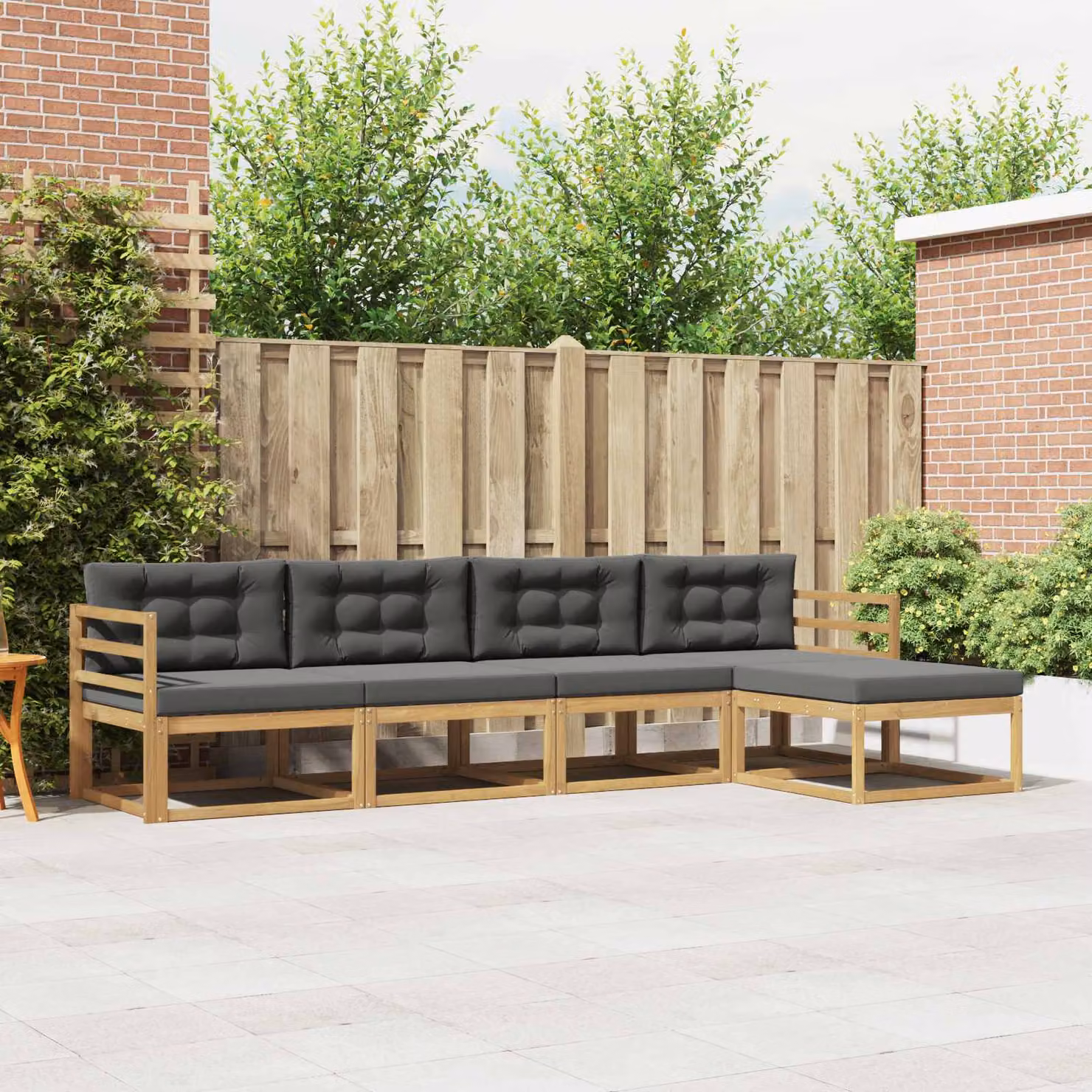 Set di divani da esterno a L vidaXL in legno di acacia con pouf, bianco e antracite
