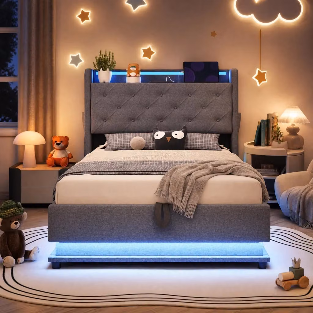 Letto singolo imbottito MODFU grigio con contenitore idraulico, illuminazione LED e porta USB, dimensioni 90x200 cm – 2