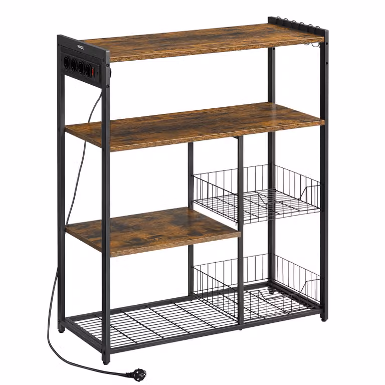 Scaffale da cucina VASAGLE con prese elettriche, 2 cestelli metallici, 6 ganci, 35 x 80 x 93,5 cm, marrone