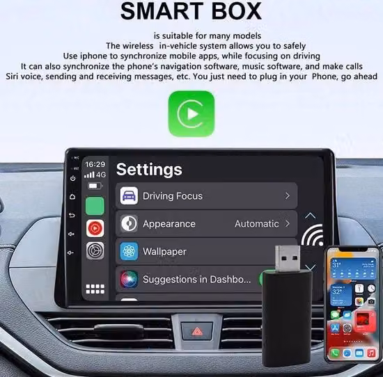 Adattatore CarPlay Wireless per Autoradio con Connessione Bluetooth e WiFi, Dongle USB-A per iOS 10+, Colore Nero