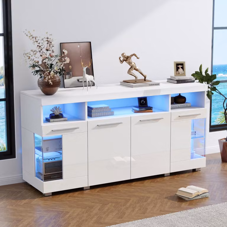 Merax credenza lucida 140 cm con LED, mobile da soggiorno con ante in vetro, 3 armadi e 6 scomparti, cassettiera moderna con vetro temperato, bianco