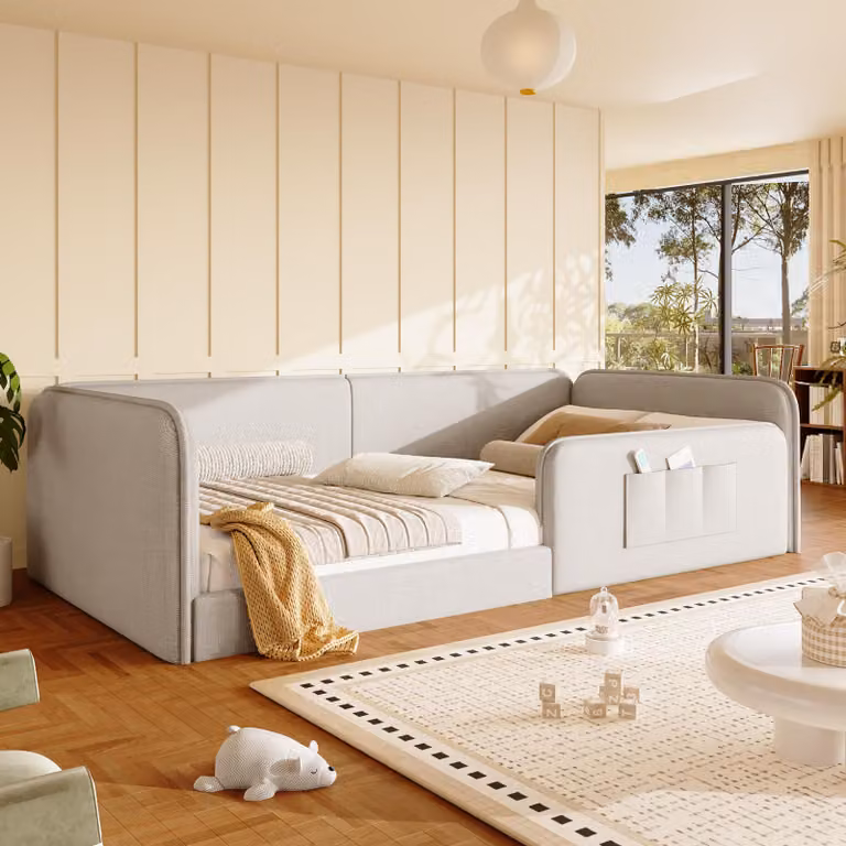 Letto a piattaforma 90x200, rivestito in lino, imbottitura in schiuma, struttura di sicurezza perimetrale (beige)