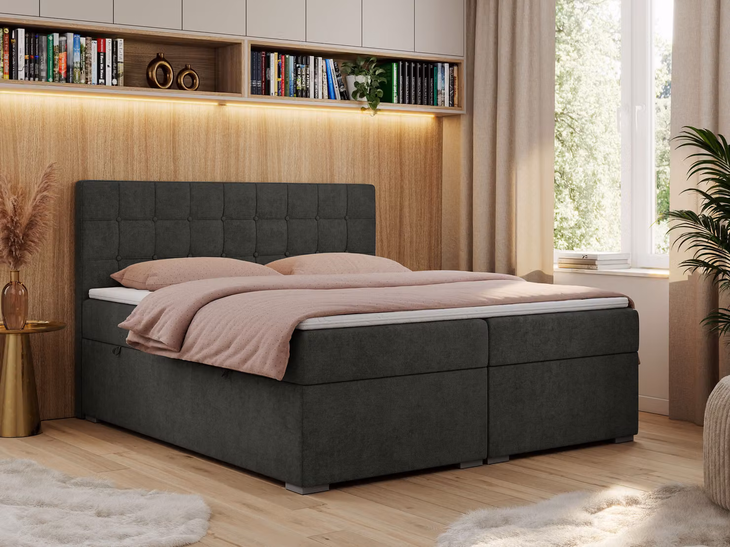 Letto boxspring, letto matrimoniale, letto imbottito con testiera, contenitore - CARMEN - 160x200 - Grigio scuro - Struttura - H3