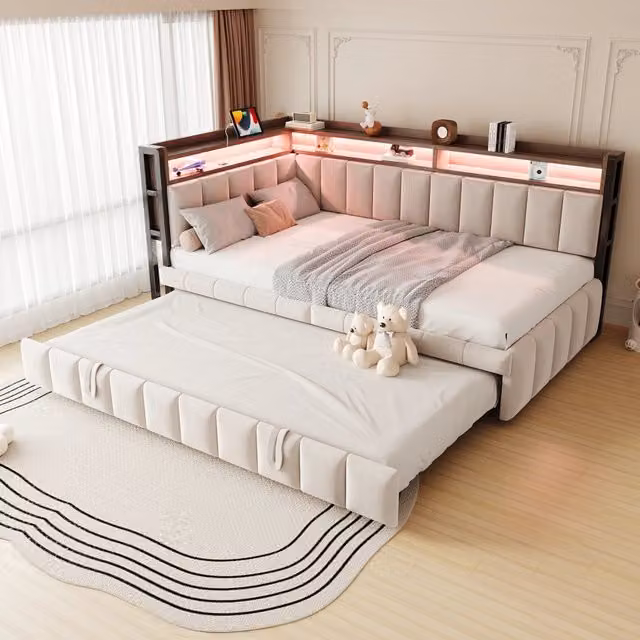 Letto divano estraibile 90 × 200 cm con LED regolabile, USB, porta Type C e mensole, senza materasso, in velluto beige