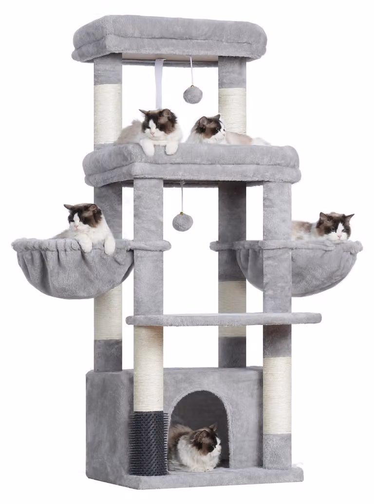 Albero per gatti di grandi dimensioni, con 2 ampie piattaforme, 2 ceste, un rifugio e una spazzola per la pulizia del pelo, colore grigio chiaro