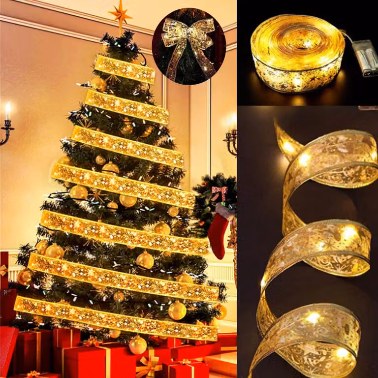 Catena luminosa con nastro decorativo, 5 metri, 50 LED, luce bianco caldo, alimentazione a batteria
