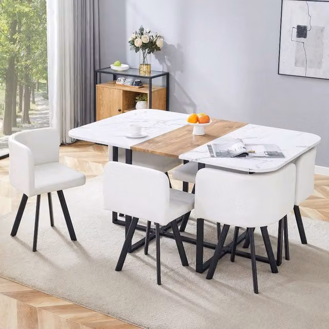 Set tavolo da pranzo allungabile con sedie pieghevoli ¨C Minimal ¨C superficie bianca, telaio metallo nero, 4-6 persone
